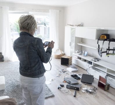 Woman photographing results of a home burglary.
